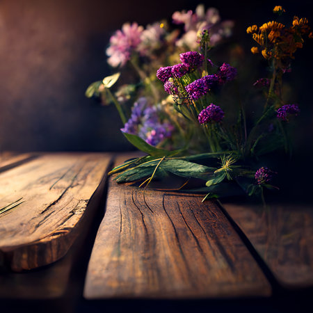 Wildflowers and empty old wooden table, mock.の素材