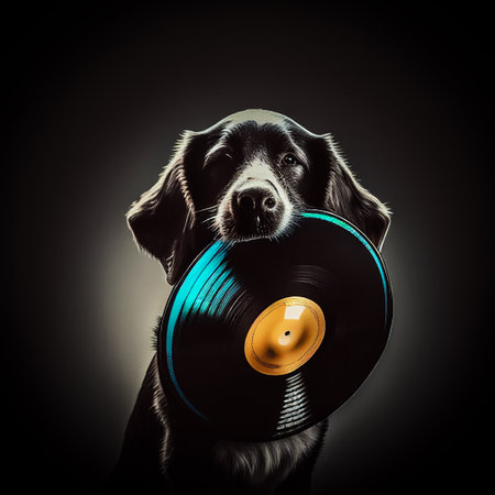 A dog holding a vinyl record in its mouth, a funny illustration. (Generative AI)の素材