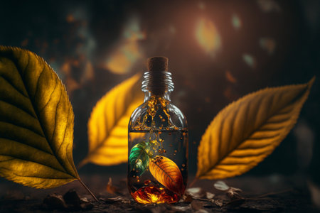 Magic medicinal tincture, herbal extract in a bottle, surealistic scene. (Generative AI)の素材