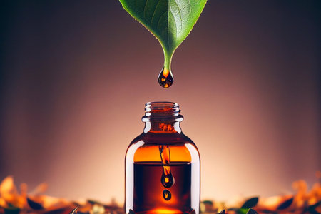 Alternative healthy medicine. Essential oil or water dropping from fresh leaf to the bottle. herbal essence. (Generative AI)の素材