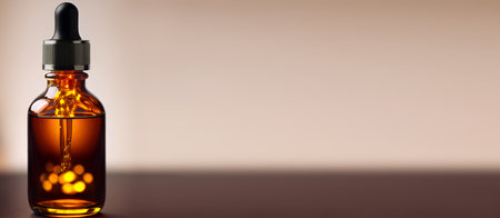 Amber bottle with dropper, banner, space for text. Mockup. (Generative AI)の素材