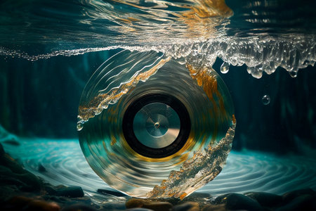 Vinyl record submerged in water, empty label. Concept image. The great silence. (Generative AI)の素材