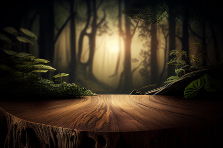 Wooden table trunk created to display product advertising in a green forest background blur. Generative AI technology.の素材