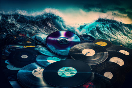 Surealistic scenery, rough ocean and vinyl records in water. Concept image. (Generative AI)の素材