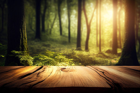 Old wooden shabby table for product advertising display in fresh green forest blur background. Montage product concept. Generative AI technology.の素材