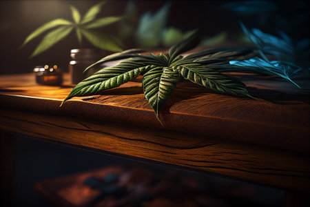 Cannabis sativa or Marijuana green plant with wooden table space for oil products mounting. Space for copy, mock-up. Generative AI technology.の素材