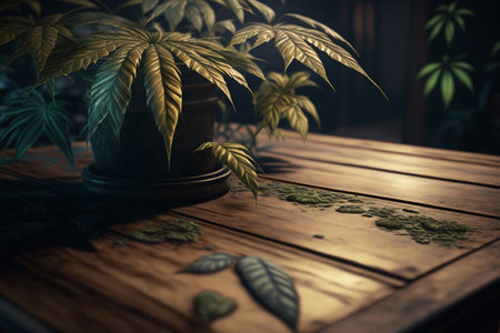 Cannabis sativa or Marijuana green plant with a wooden table place to assemble oil products. Generative AI technology.の素材