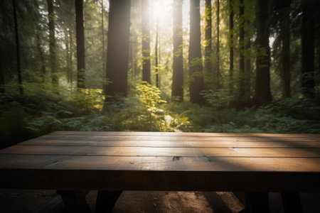 Beautiful wooden table set against the vibrant greenery of the forest makes for a stunning product display, sure to catch the eye of any potential customers. Generative AI technology.の素材