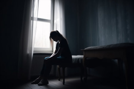 Depressed individual sitting alone in a dark and gloomy room, consumed by the feeling of sadness and helplessness. Generative AIの素材