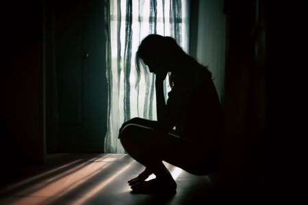 Person sitting in a dark room, surrounded by the shadows of their own despair and loneliness.の素材