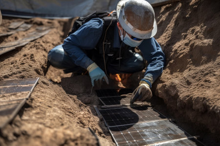 A archaeologists researching ancient ruins stumble upon broken solar panels, highlighting how the use of electric energy has changed over time.の素材