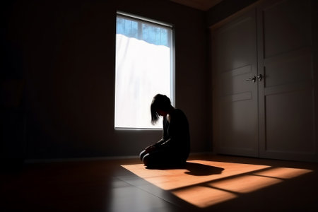 Person sitting in a dark room, surrounded by the shadows of their own despair and loneliness. concept image. Generative AIの素材