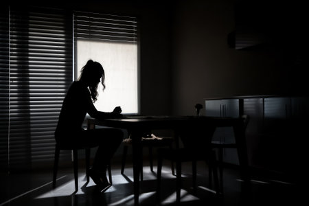 Person sitting in a dark room, surrounded by the shadows of their own despair and loneliness. Generative AIの素材