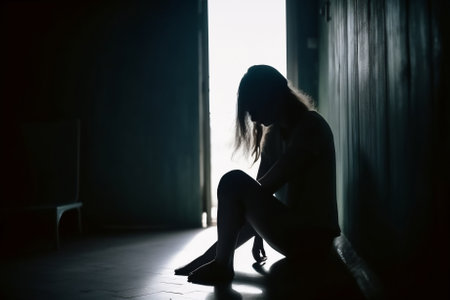 A person sitting by the window, deep in thought as they try to cope with the pain and loneliness of their mental illness.の素材