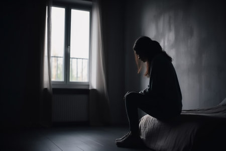 Shadowy figure sitting alone in a dark room, consumed by the pain and sadness of their mental health crisis. Generative AIの素材