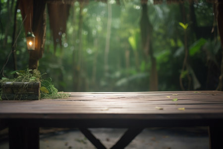 Wooden table nestled in the lush greenery of the jungle serves as the perfect backdrop for showcasing your product. Generative AI technology.の素材