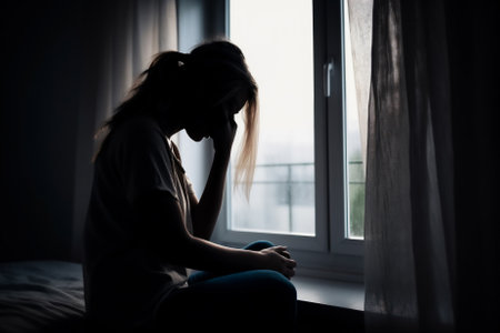 Woman in a state of despair, crying in her bedroom as she struggles with her mental health. Generative AIの素材