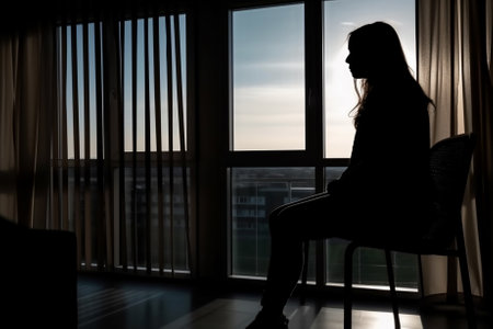 Young individual sitting by the window, lost in thought as they grapple with the serious problem of depression. Generative AI.の素材