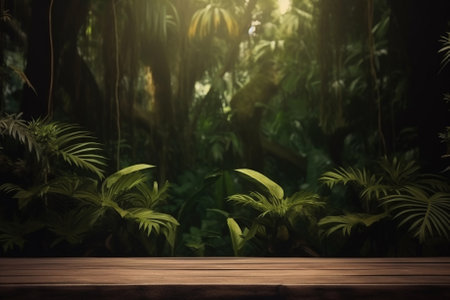 A bring a touch of the jungle to your product display with this stunning wooden table, featuring defocused, blurred nature and soft bokeh lights. Generative AI technology.の素材