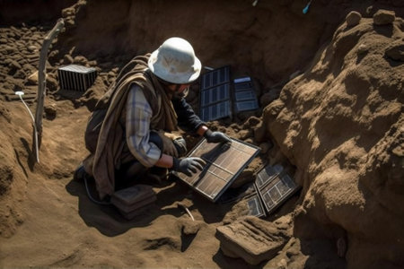 A in an archaeological dig, scientists find antique solar panels, a reminder of how the idea of harnessing the power of the sun is not a new concept. Concept image. Generative AI.の素材