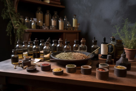 A natural medicine, preparation of herbs in herbal studio. retro styles. Generative AI technology.の素材