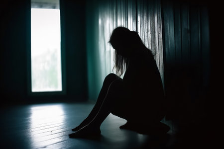 Image of a person sitting alone in a dark and serious mood, with their mind consumed by the weight of their mental illness. Generative AIの素材