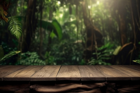 A with the jungle as your backdrop, the soft bokeh lights and natural textures of a wooden table offer the perfect way to display your product. Generative AI technology.の素材