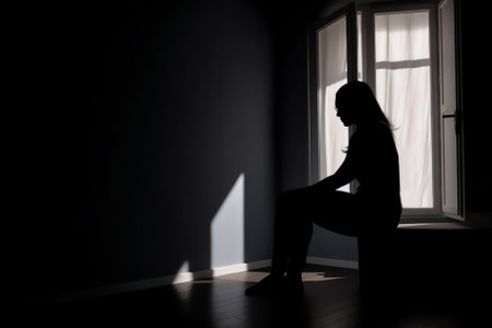 Image of a young woman sitting alone in her apartment, consumed by the weight of her mental health struggles. Generative AIの素材