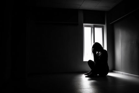 Silhouette of a young woman sitting alone by the window, consumed by depression and sadness. Generative AIの素材