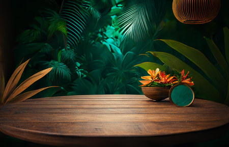 Jungle and empty old wooden table, mock-up for product presentation. Generative AI technology.の素材