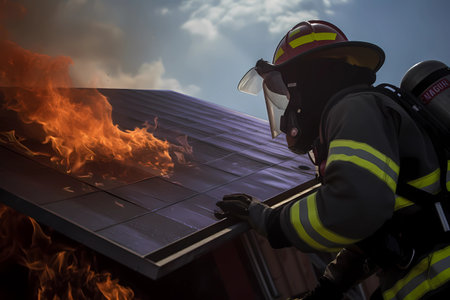 Firefighter tackling a burning solar panel close-up. Serious Problem Generative AIの素材