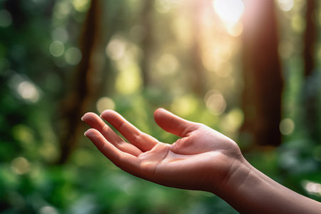 Cosmetic showcase space, open hand gesture. Defocused natural background. Generative AI.の素材