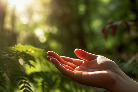 Cosmetic showcase space, open hand gesture. Defocused natural background. Generative AI.の素材
