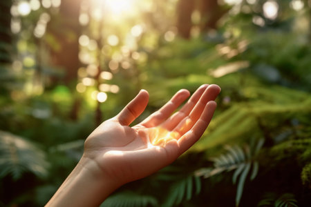 Display spot on hand, cosmetic item mockup. Out of focus nature. Generative AI.の素材