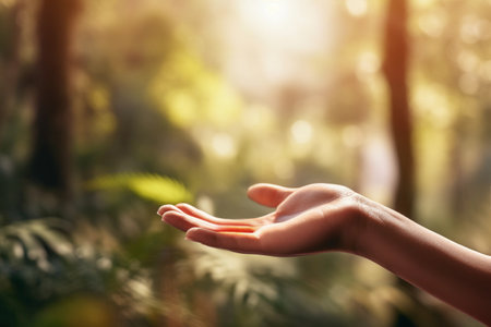 Presenting hand gesture, cosmetics mockup space. Blurred natural backdrop. Generative AI.の素材