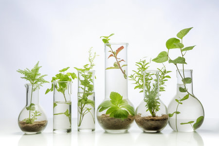 Plants in laboratory vessels for natural healing methods. herb extract. Generative AI.の素材