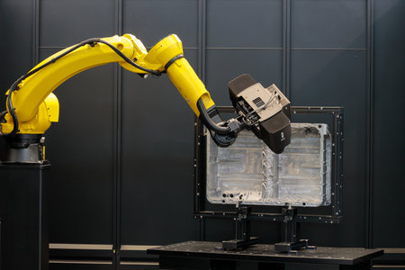 Automated scanning conducted by robotic arm. Robot with 3D sensor scanner in automotive industry.のeditorial素材