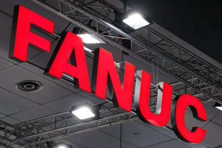Poland, Poznan - June 01, 2023: HIGH TECH EXPO Europe. Fanuc company logo on the wall. Fanuc provides automation products and services such as robotics and computer numerical control systemsのeditorial素材