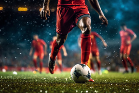Footballers moving at a rapid pace, following the ball. Generative AI.の素材