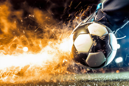 Powerful kick in ball during night football game. Competition moment, Soccer field, Stadium flashlights. Generative AI.の素材