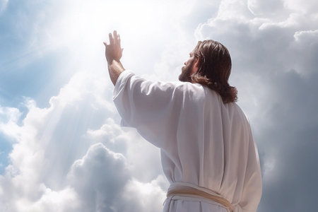Jesus Christ with hands away in prayer, back perspective, morning sky backdrop. Generative AI.の素材