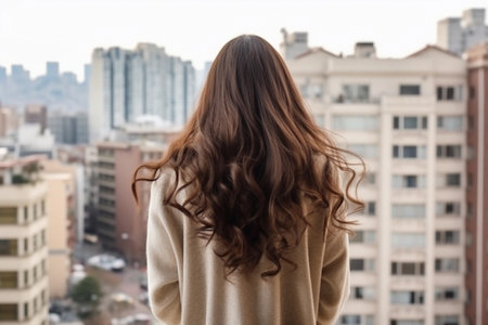 Brunette contemplating city panorama from terrace. Generative AI.の素材