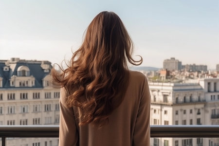 Woman admiring city panorama from balcony, symbol of solitude. Generative AI.の素材