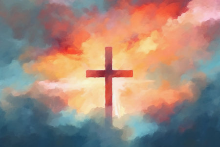 Illustration of Christian cross against clouds, representation of faith. Generative AI.の素材