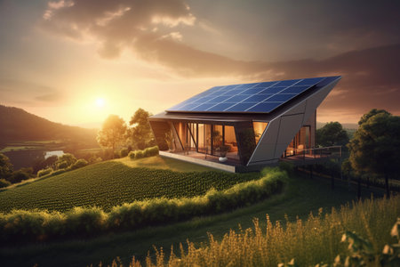 Majestic sunset over a house with solar panels, a symbol of sustainable development. Generative AI.の素材