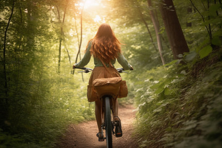 Woman with red hair on forest path, sun penetrating the green of trees. rear view. Generative AI.の素材