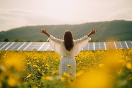 A woman celebrates at a solar energy station, her arms raised in a gesture of success. This image represents the embrace of ecological concepts and renewable power sources. Generative AI.の素材