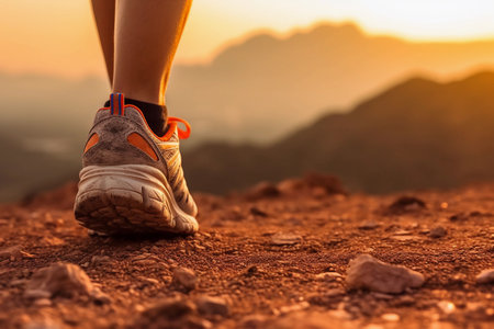 A close-up of a runner's feet, setting off towards the breathtaking mountain vista bathed in orange sunlight. Ample space for text. Generative AI.の素材