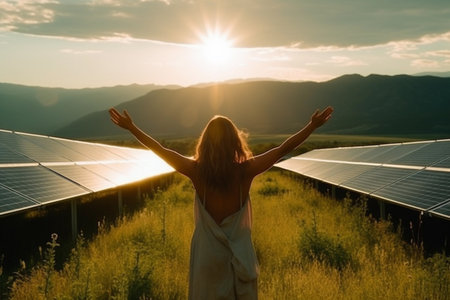 A woman in a dress joyfully raises her hands against the backdrop of a solar energy station, beautifully silhouetted by the setting sun. A powerful representation of ecological consciousness and the beauty of renewable energy. Generative AI.の素材