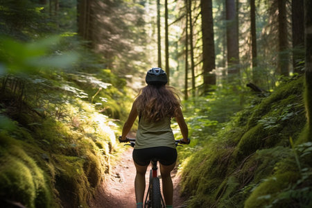 An image portraying a biker's journey through a forest trail. The rear view adds a dynamic perspective. Perfect for content related to eco-tourism, outdoor activities, and biking adventures. Generative AI.の素材